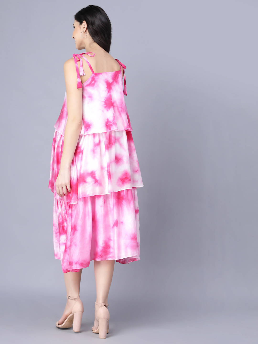 Myshka Women White Tie and Dye Dyed Layered A-Line Midi Dress | Grocsy