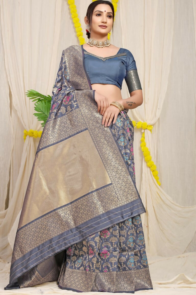 Jyoti Fashion Women's Grey Kanjivaram Silk Zari Woven Saree with Blouse | Grocsy