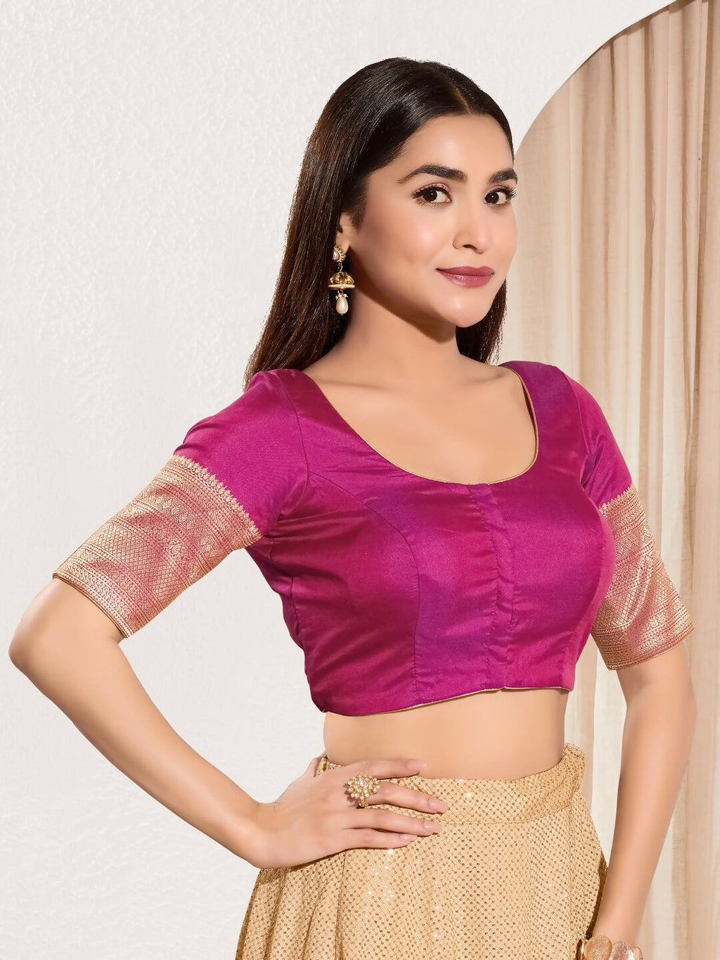 Joban Fashion Purple Taffeta Silk Padded Blouse With Round Neck Elbow Sleeves | Grocsy