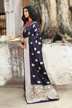 Joban Fashion Navy Blue Pure Katan Pure Handloom Banarasi Silk Saree | Grocsy