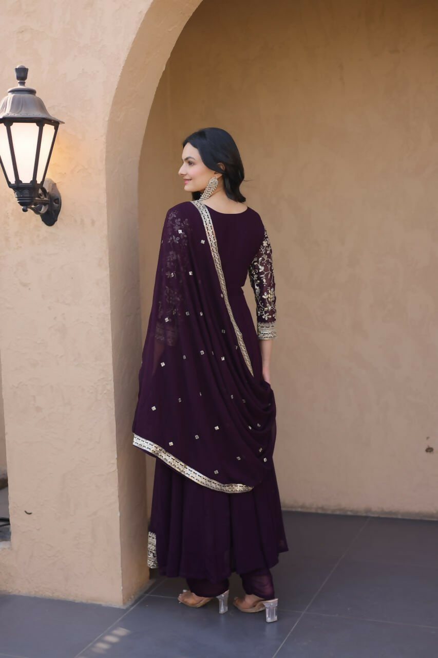 Teeya Creation Wine Faux Georgette Embroidered Anarkali Suit with Dupatta | Grocsy