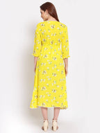 Myshka Women's Yellow Printed Cotton 3/4 Sleeve Round Neck Casual Dress | Grocsy