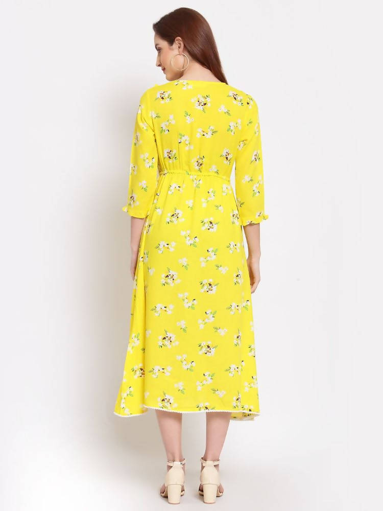 Myshka Women's Yellow Printed Cotton 3/4 Sleeve Round Neck Casual Dress | Grocsy