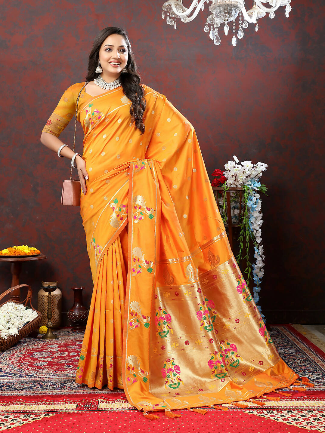 Lorenvalley Fashion Orange Soft Paithani Silk Woven Design Gold Zari Meenakari Weaving Saree | Grocsy