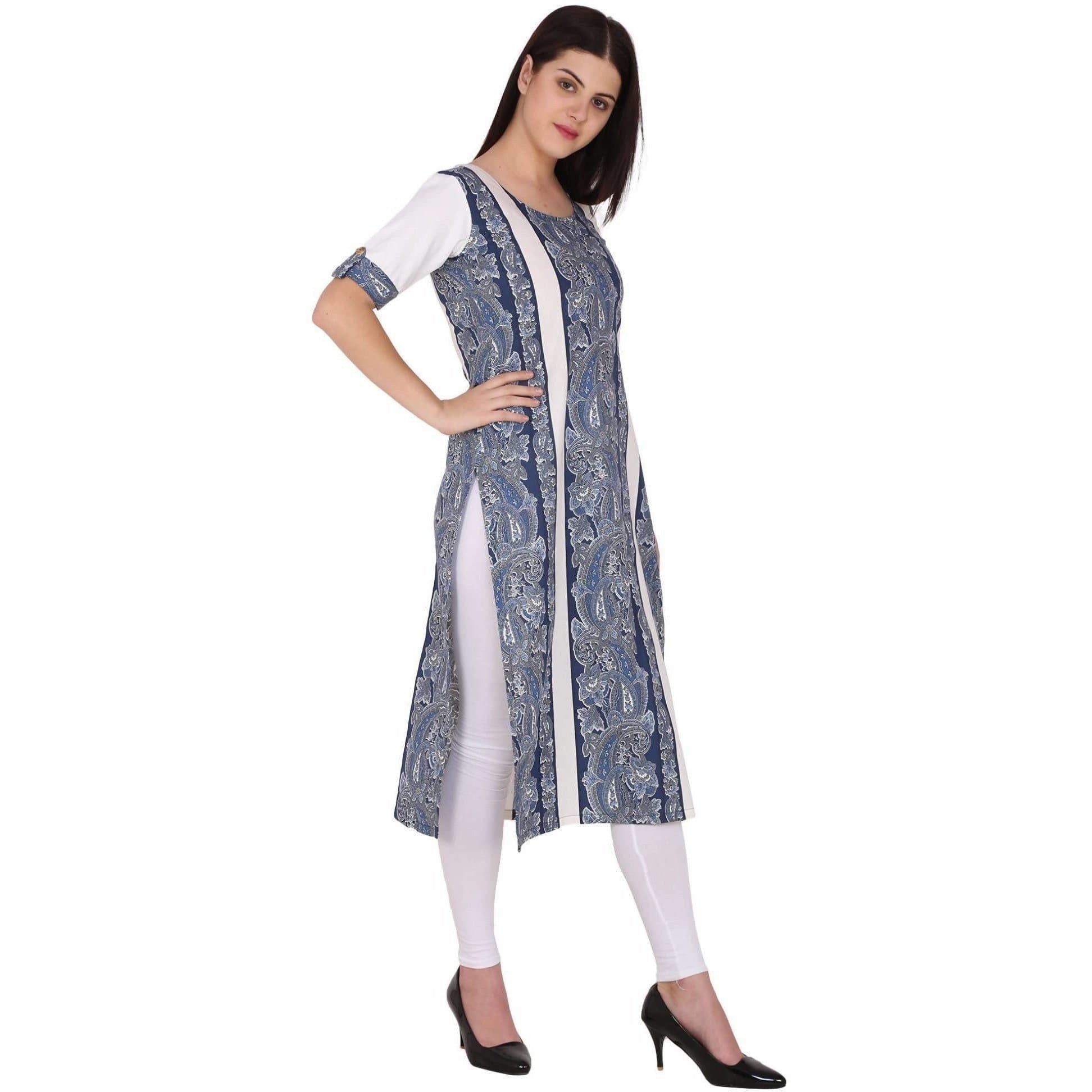 Kanoor Womens Blue Coloured Cotton Straight Kurti | Grocsy