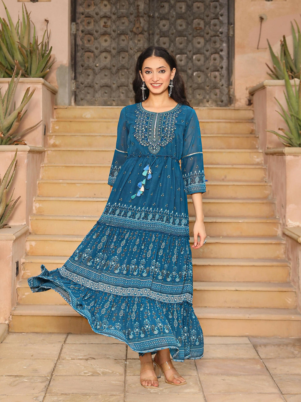 Juniper Women's The Dholitaro Blue Ethnic Motif Printed Georgette Tiered Dress With Sequins & Doris At Waist | Grocsy