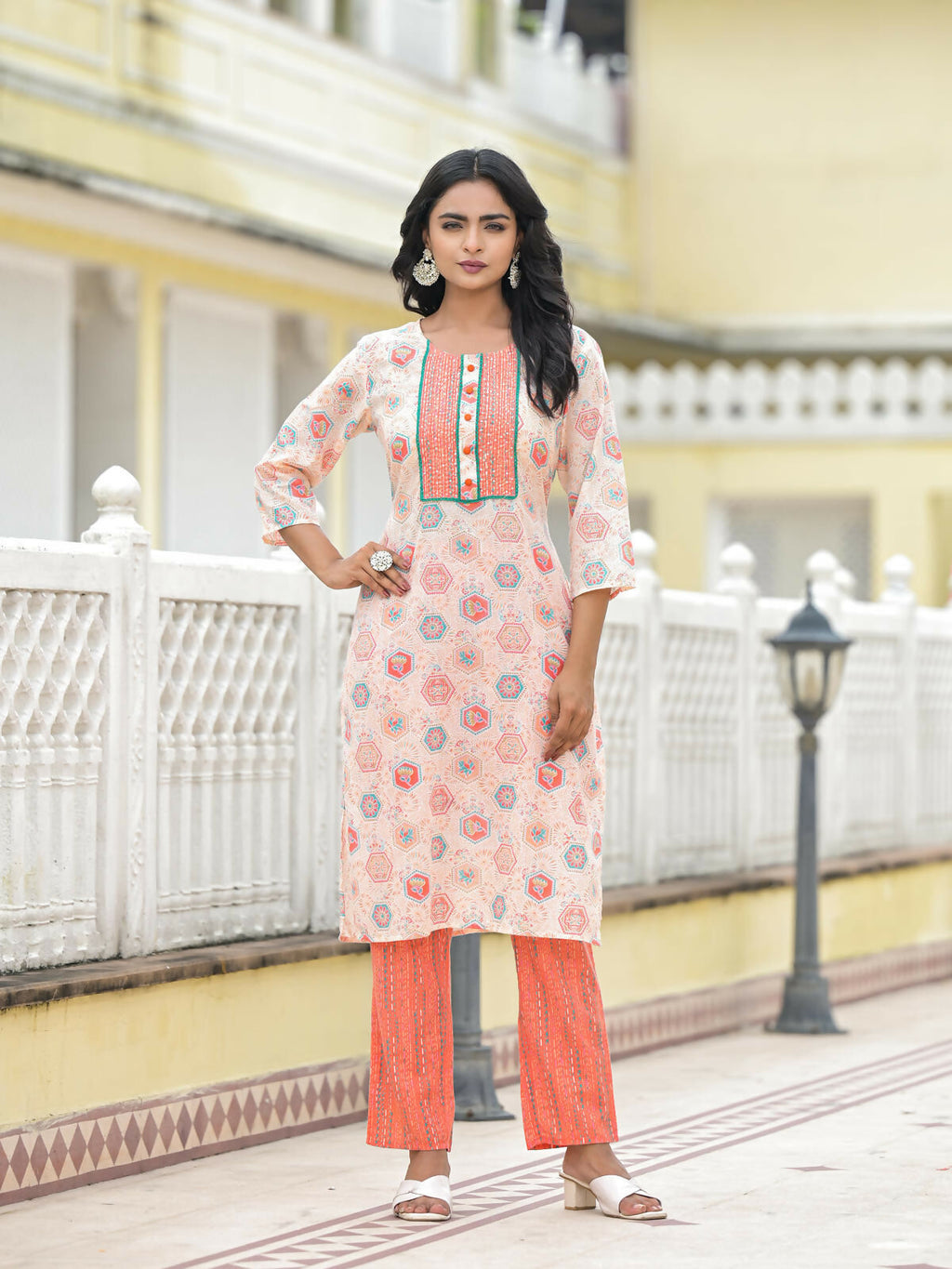 Juniper Women's Peach Floral Printed Cotton Kurta Pant With Dupatta Set With Sequins & Thread Work | Grocsy