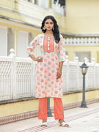 Juniper Women's Peach Floral Printed Cotton Kurta Pant With Dupatta Set With Sequins & Thread Work | Grocsy