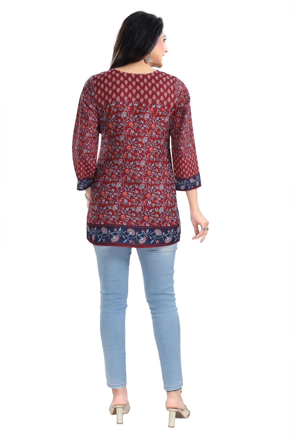 Snehal Creations Magical Maroon Summer Cool Printed Short Kurti Tunic Top | Grocsy