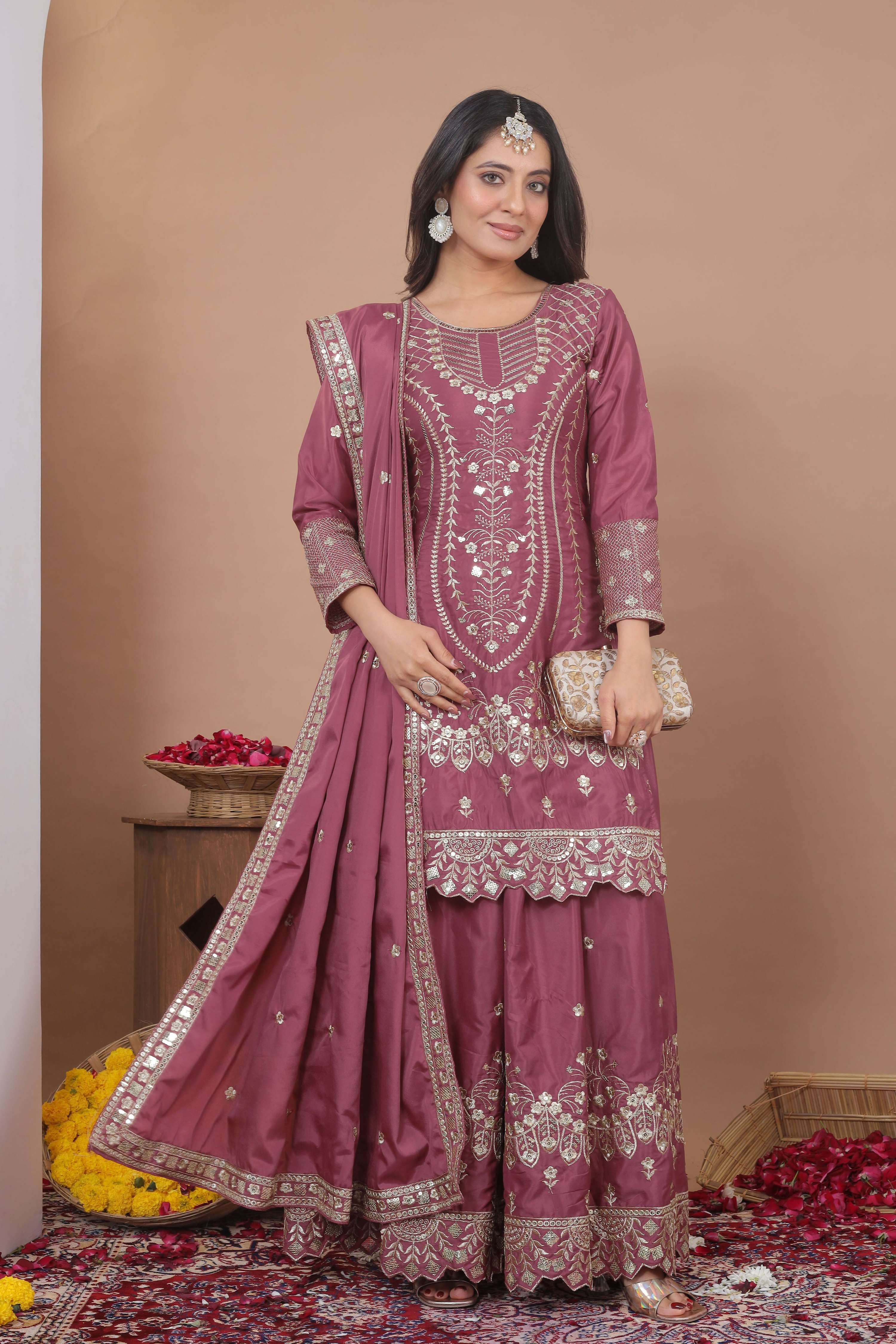 Lehenga Mart Designer Sharara Suit With Kurta, Sharara, Dupatta For Women-Mauve | Grocsy