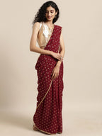 Ahalyaa Women's Maroon Georgette Gold Foil Print Ready to Wear Saree | Grocsy