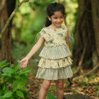 Mhyssa Beige and Blue Round Neck Flared Frock With Gathers | Grocsy