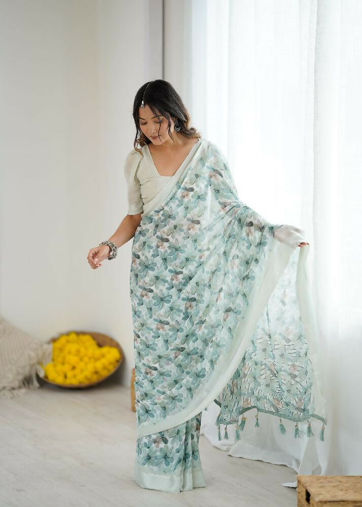 PR Fashion See_Green Bright Moss Satin Patta Printed Saree | Grocsy
