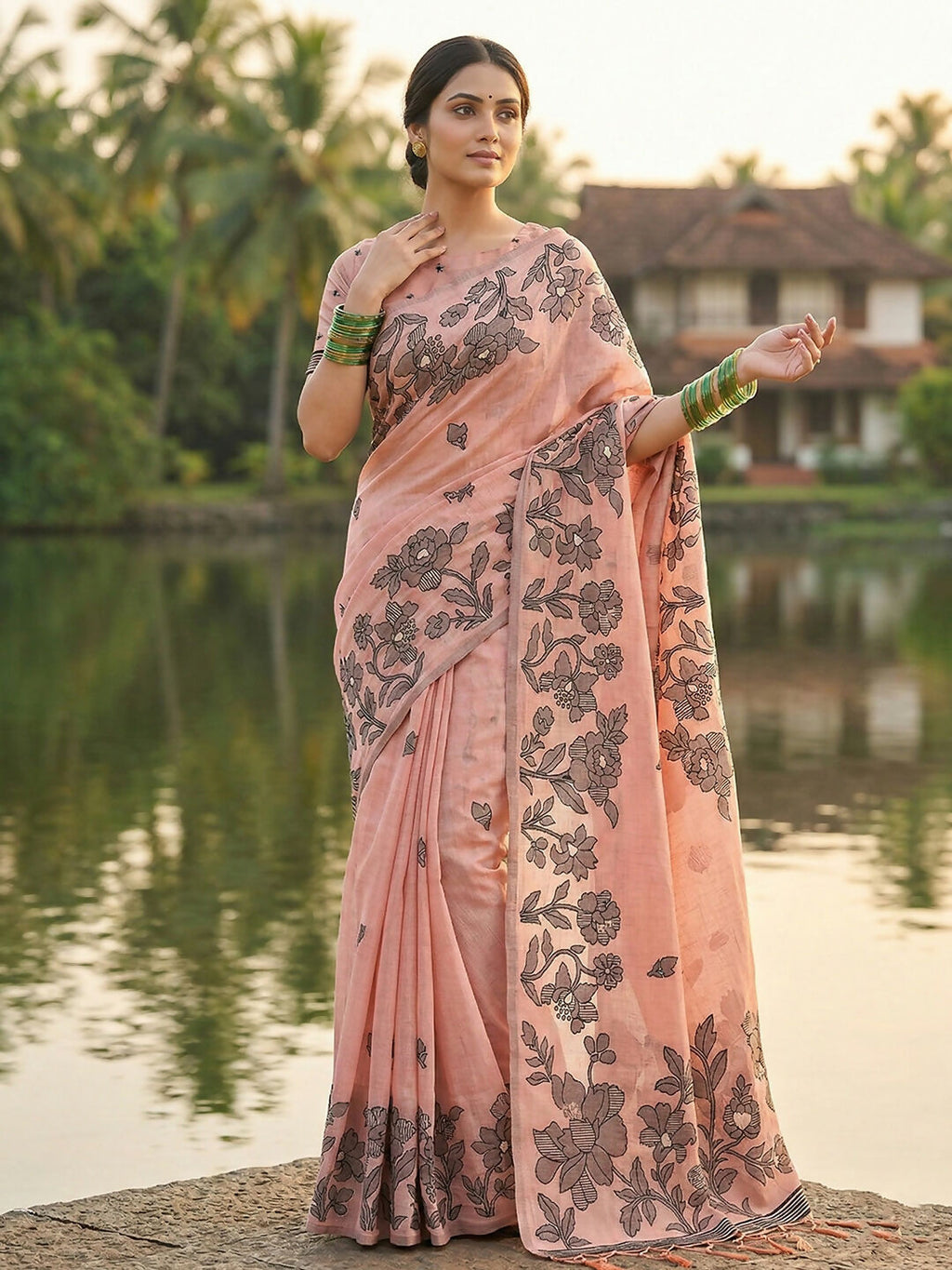Shree Shyam Fashion Peach Linen Cotton Saree | Grocsy