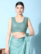Sea Green Imported Crush Lycra Texture Pattern Ready to Wear Saree with stitched Blouse - Nirvana | Grocsy