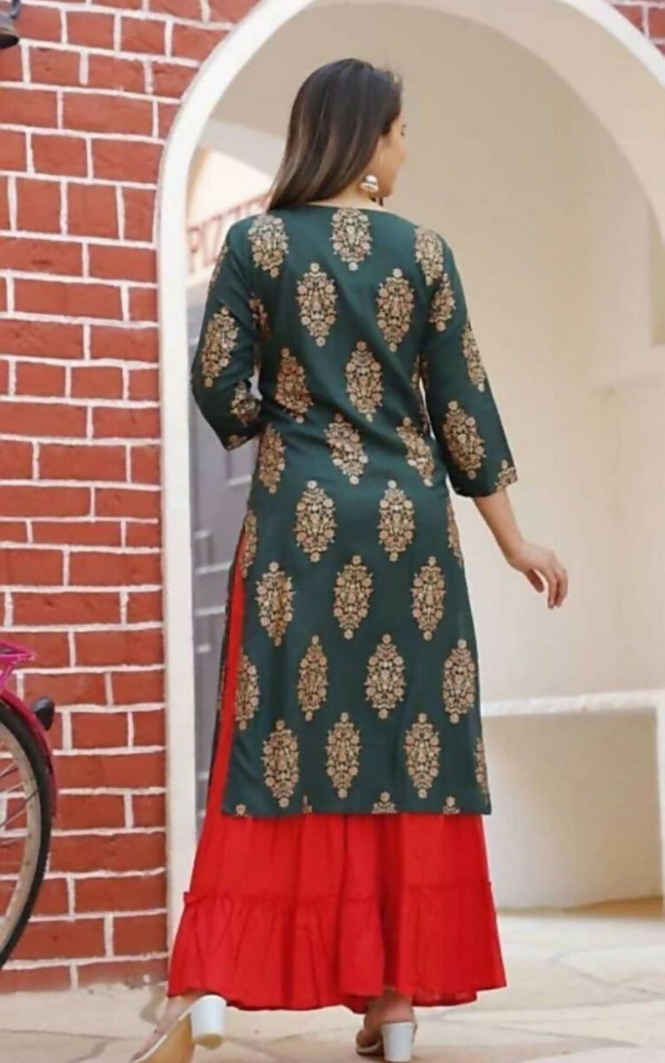 Alvano Printed Kurta With Sharara Set for Women's and Girls Rayon (Green) | Grocsy
