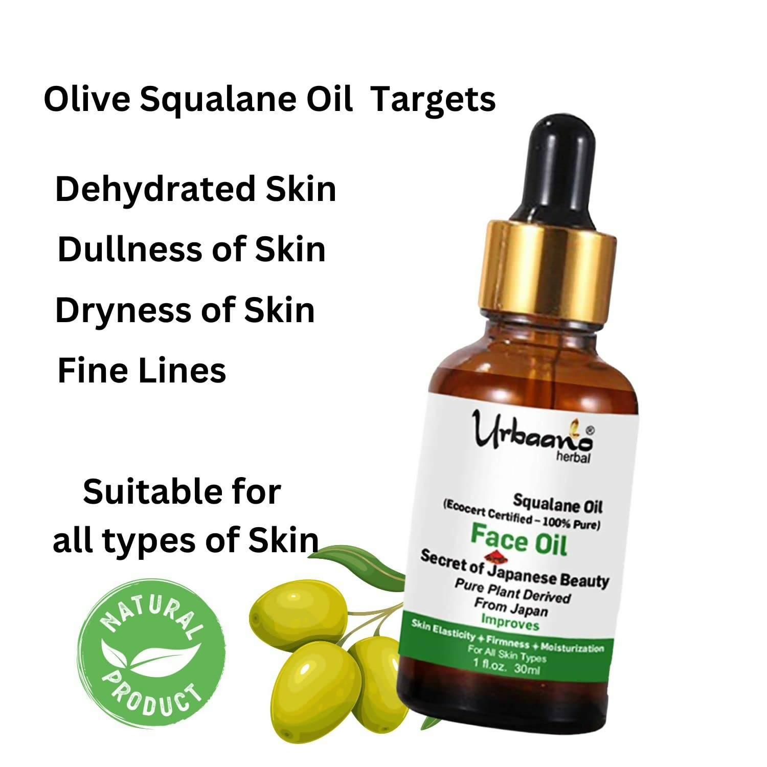 Urbaano Herbal Olive Squalane - 100% Pure Natural Plant-Derived Japanese Oil | Grocsy
