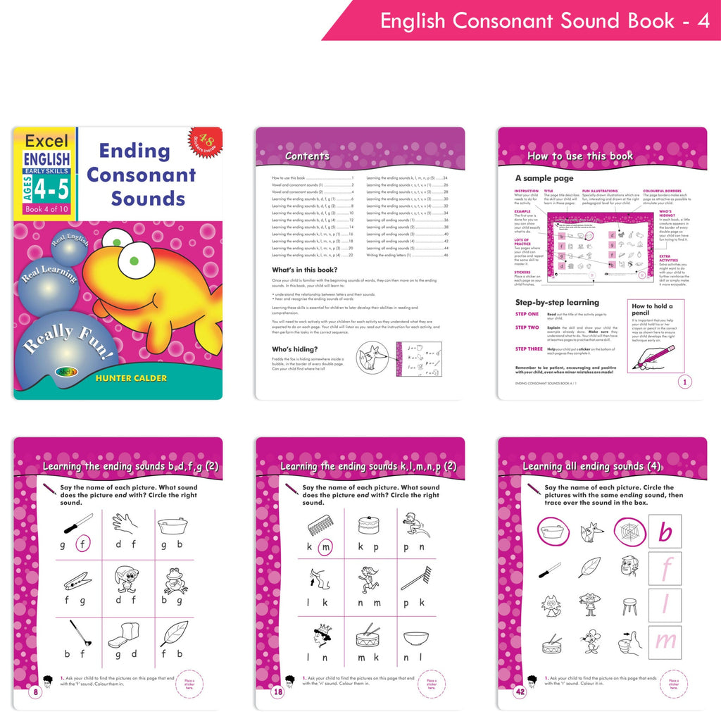 Excel English Early Skills Ages 4 - 5 Years (Set of 3) | Beginning, Ending Consonant & Vowel Sound Books for Junior KG | Grocsy