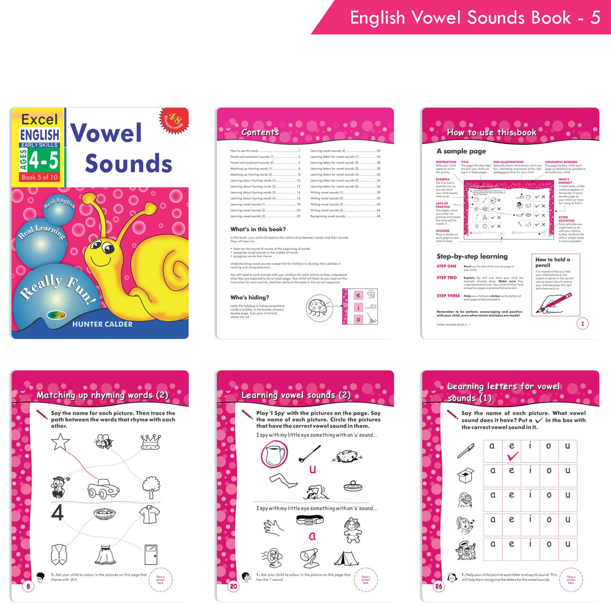 Excel English Early Skills Ages 4 - 5 Years (Set of 3) | Beginning, Ending Consonant & Vowel Sound Books for Junior KG | Grocsy