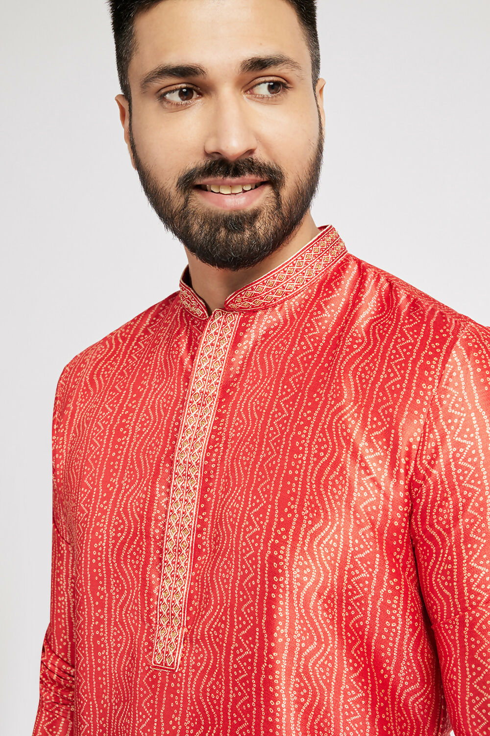 Ethnic India Red Men's Kurta Bandhani Polyester | Grocsy