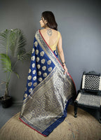 Joban Fashion Navy Blue Ethnic Floral Motifs Soft Lichi Silk Banarasi Saree | Grocsy