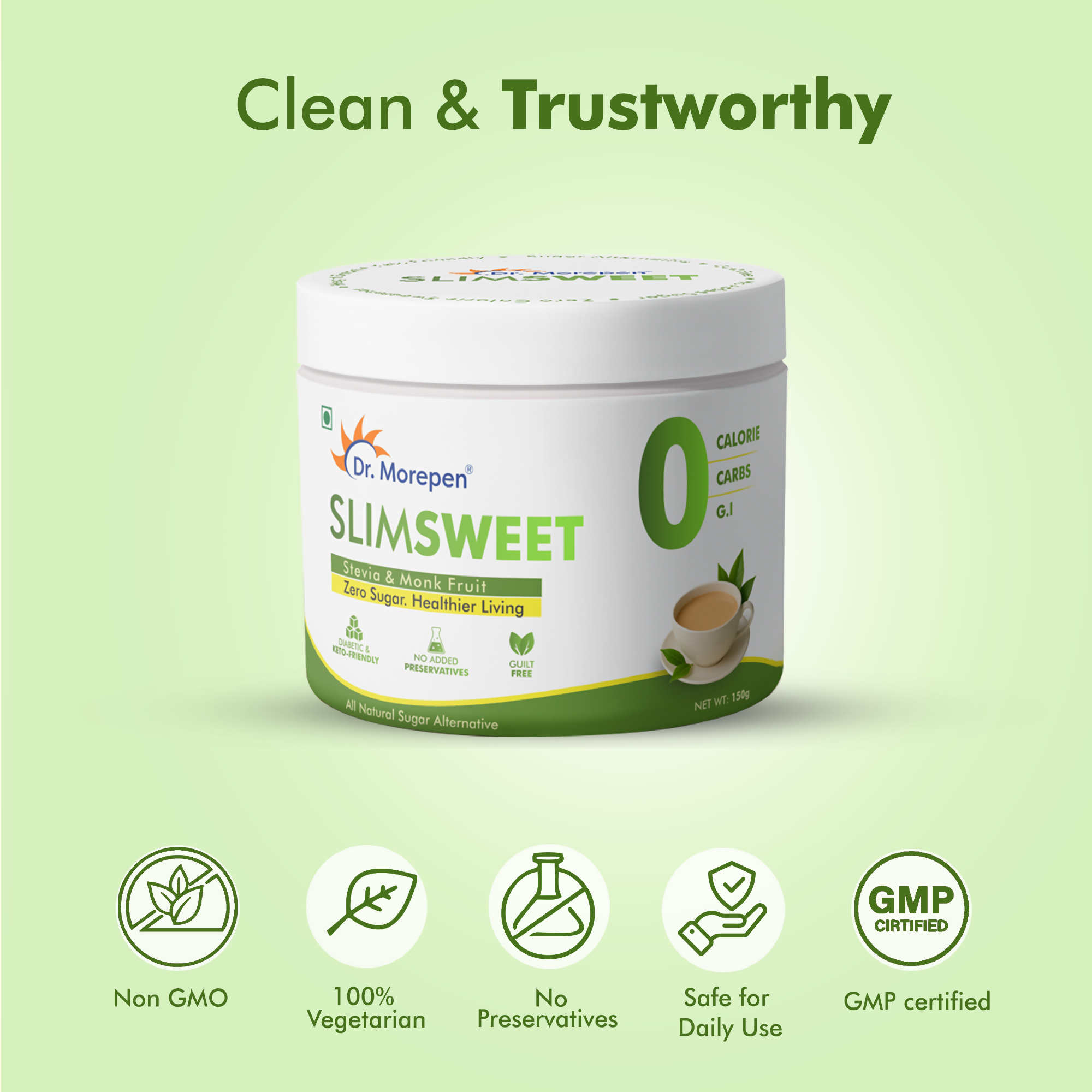 Dr. Morepen Slimsweet Natural Sugar Substitute with Stevia & Monk Fruit | Grocsy