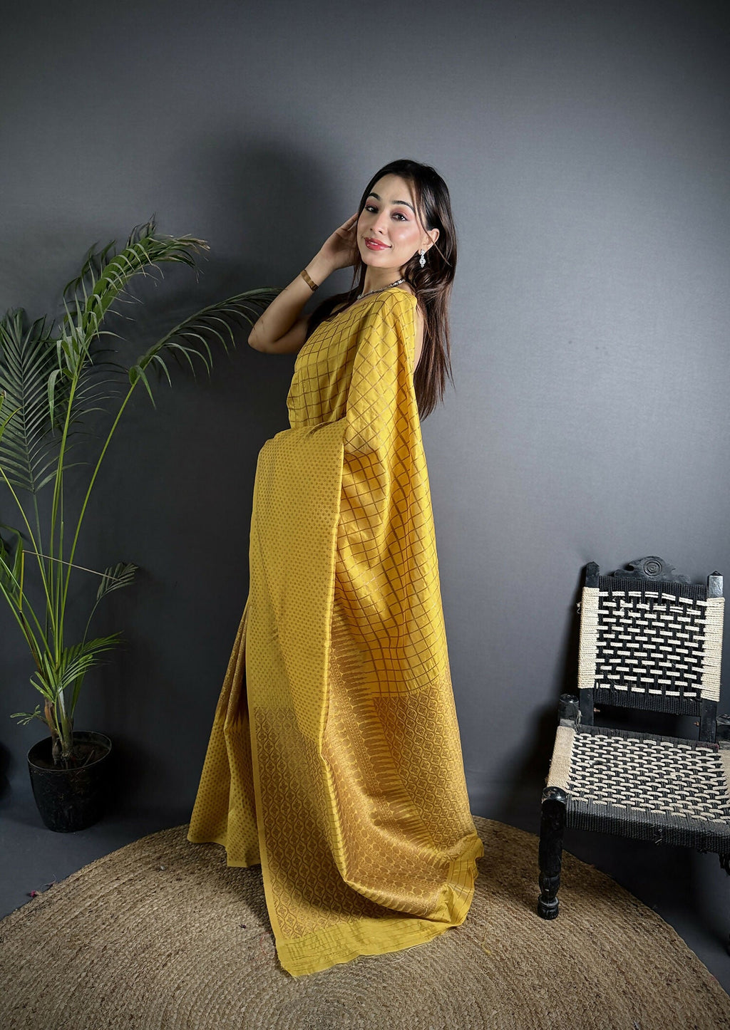 Joban Fashion Golden Yellow Banarasi Soft Lichi Silk Checks & Woven Saree | Grocsy