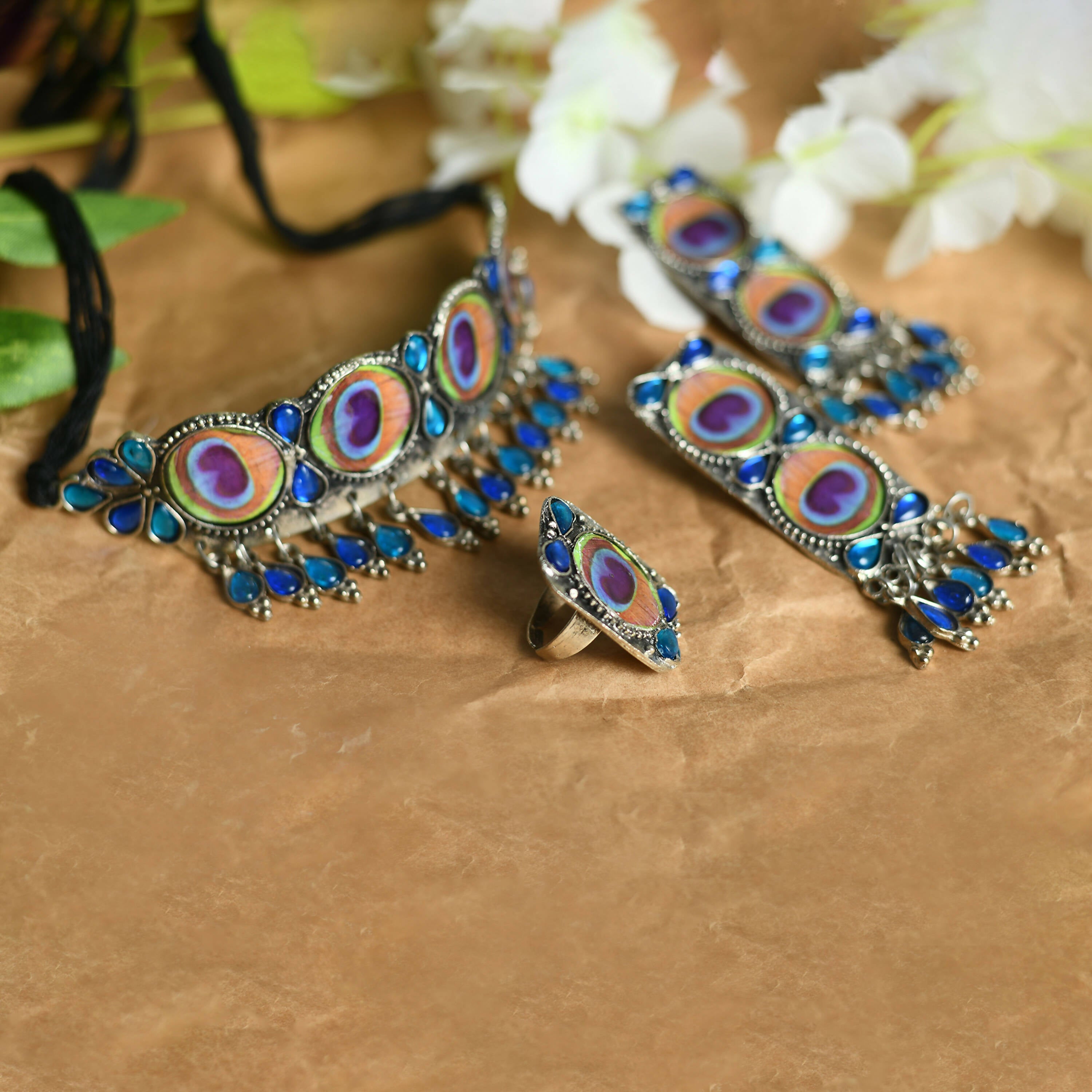 Mominos Fashion Johar Kamal Oxidised Silver-Plated Brass Finish Peacock Wings Choker For Women | Grocsy