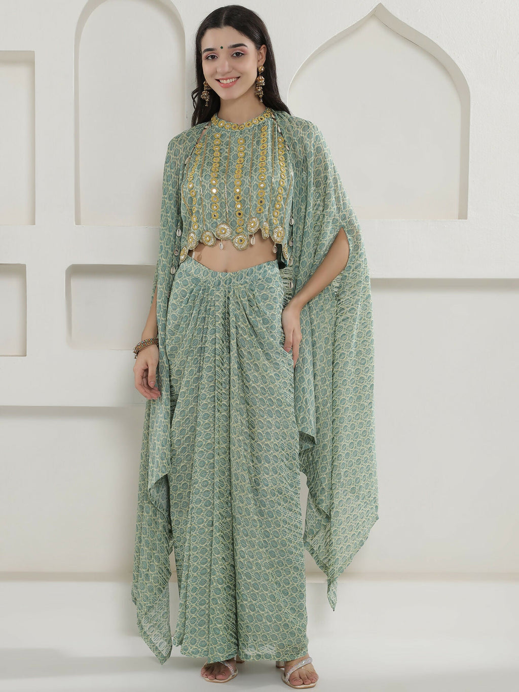 Joban Fashion Green Georgette Cape Inner And Shirt Set | Grocsy