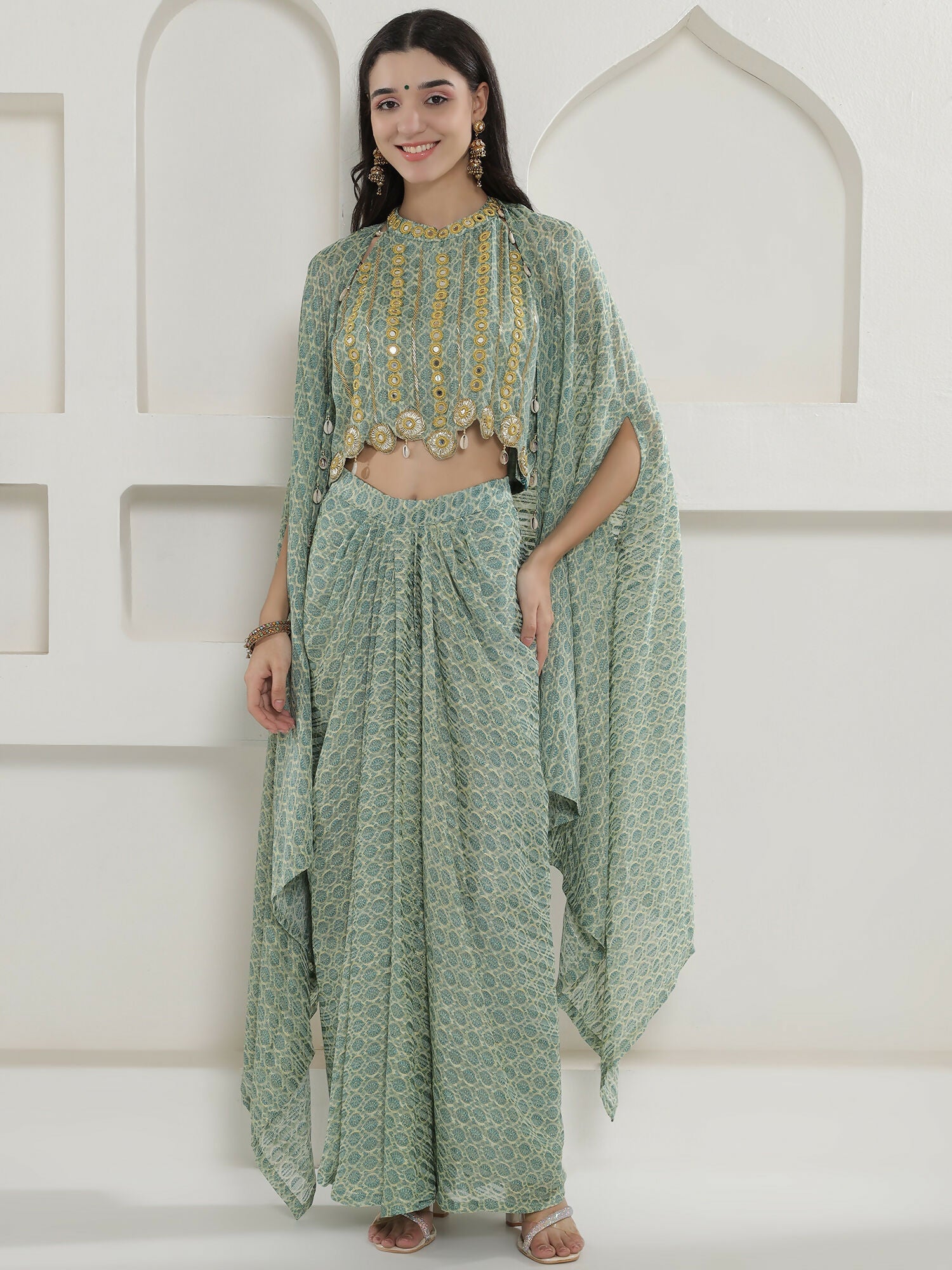 Joban Fashion Green Georgette Cape Inner And Shirt Set | Grocsy