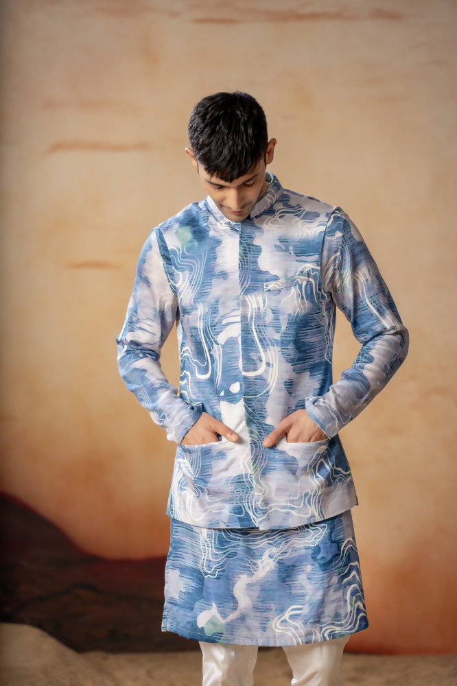 Marble Print Cotton Nehru Jacket Set by Hilo Design | Grocsy