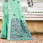 Sangam Prints Olive Green Linen Woven Work Traditional Saree | Grocsy