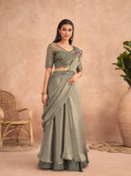 Green Satin Embroidered Ready To Wear Saree With Unstitched Blouse Piece - Nandika | Grocsy