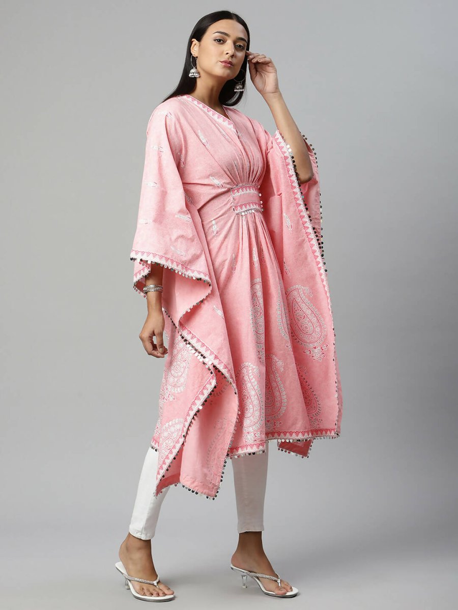 Ahalyaa Women Pink Pure Cotton Printed Kaftan Kurta | Grocsy