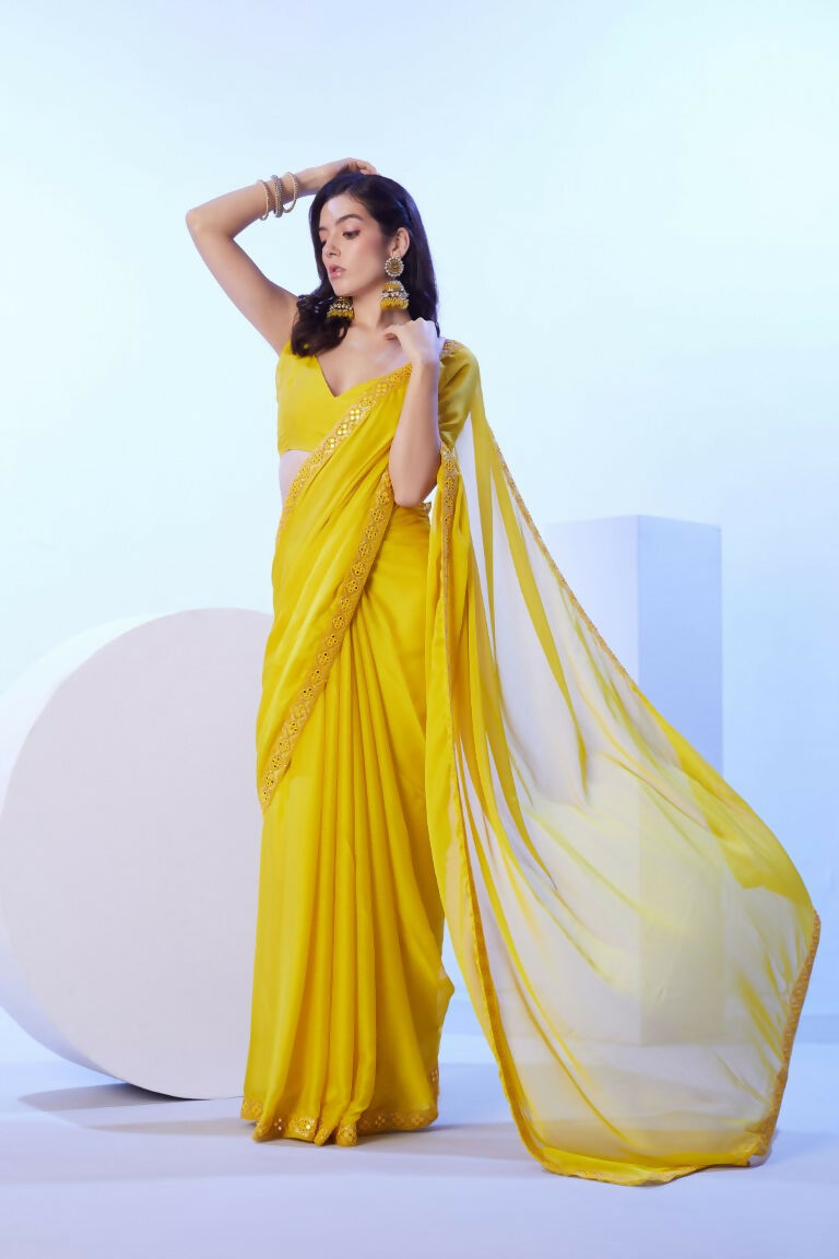 Yellow Moss Solid Designer & Lace Work Saree - Samaa | Grocsy
