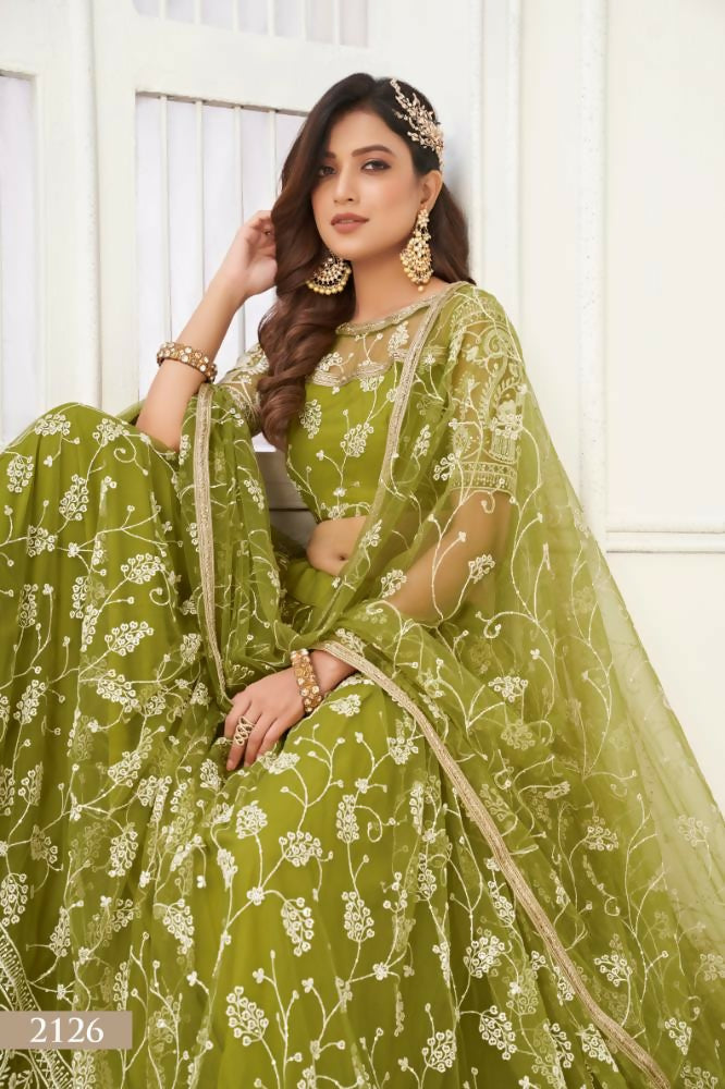 Aastha Fashion Olive Green Butterfly Net White Cotton Thread Work And Sequence Work Embroidery Wedding Wear Lehenga Choli | Grocsy