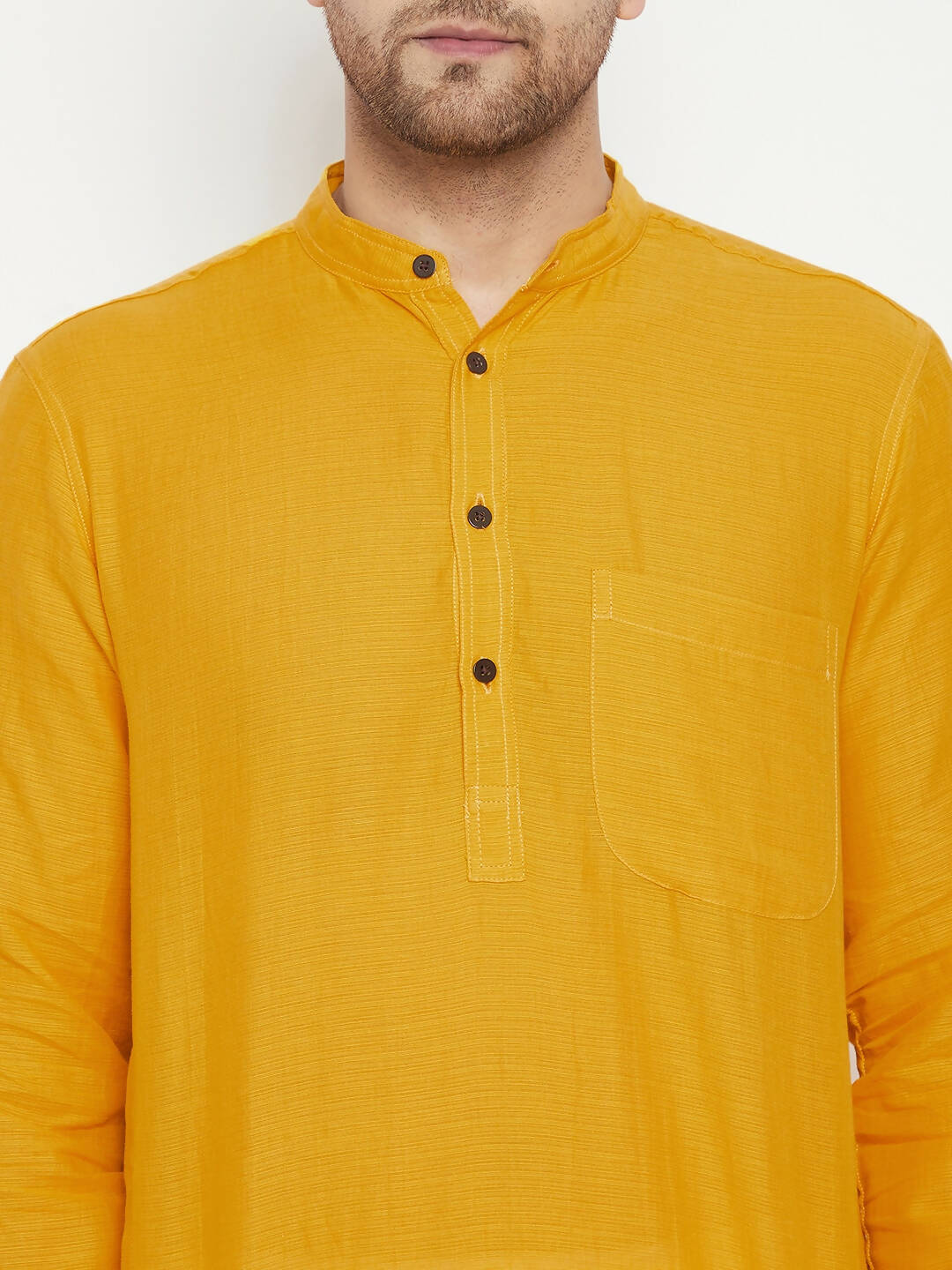 Even Apparels Yellow Pure Cotton Long Men's Kurta With Band Collar | Grocsy