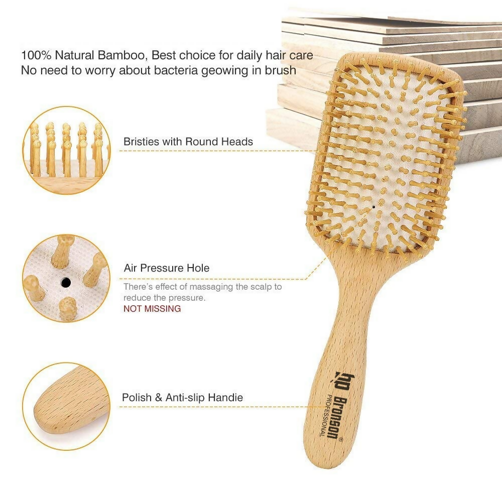 Bronson Professional Wooden Paddle Hair Brush With Bamboo Wood Bristles | Grocsy