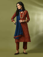 Myshka Women's Rust Printed Cotton Straight Party Kurta Set With Dupatta | Grocsy