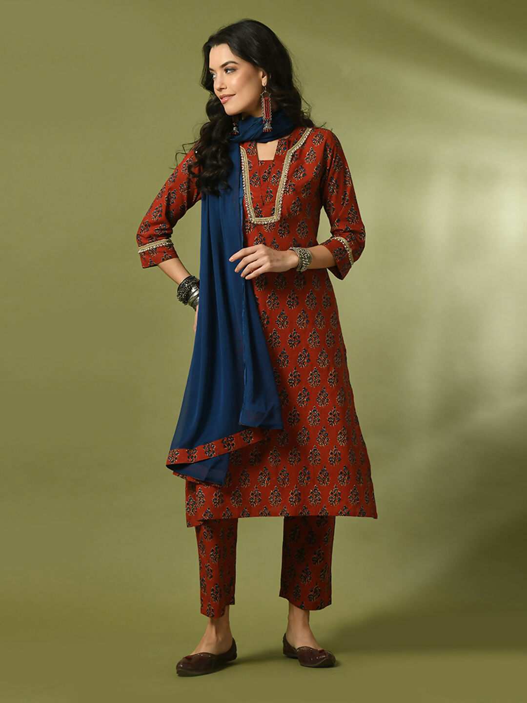 Myshka Women's Rust Printed Cotton Straight Party Kurta Set With Dupatta | Grocsy