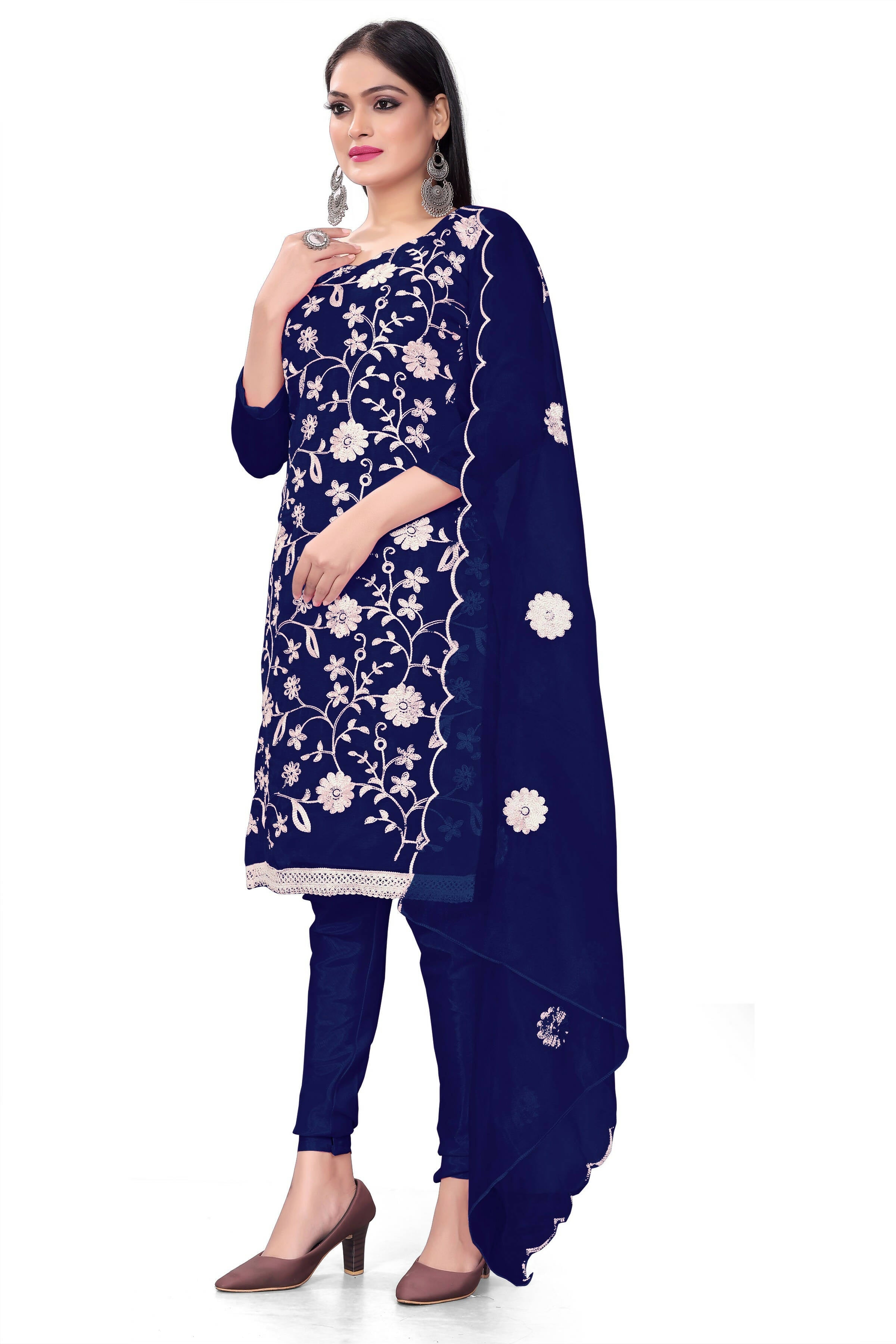 Blue Organza Silk Embroidered Work Unstitched Dress Material - Tanvi | Grocsy