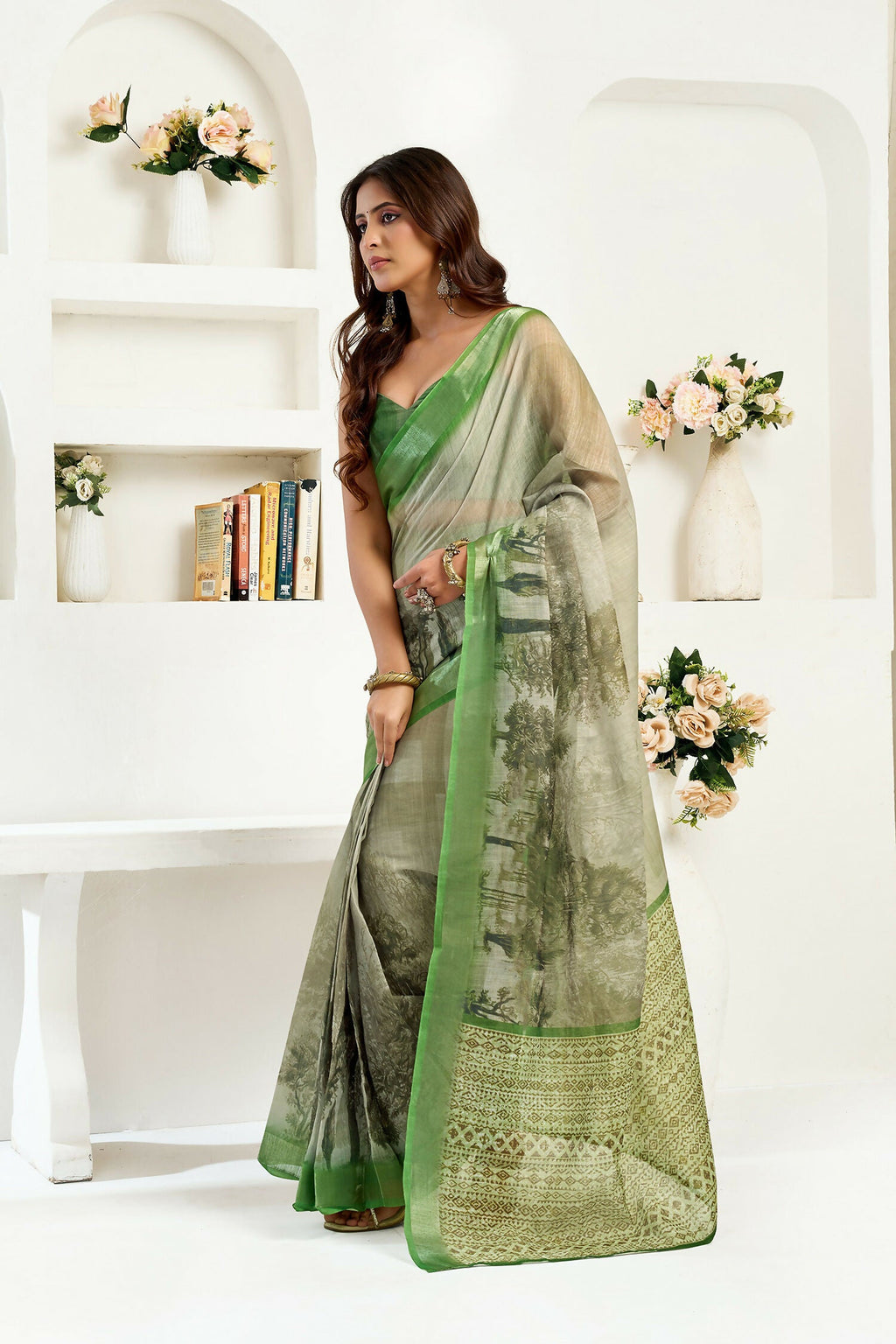 Joban Fashion Green Floral & Ethnic Motifs Linen Ready To Wear Saree With Unstitched Blouse | Grocsy