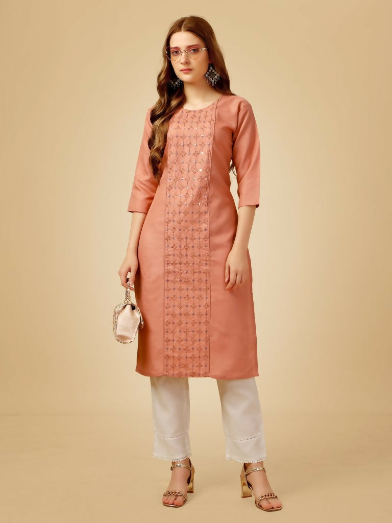Jyoti Fashion Women's Gajri Cotton Blend Embroidered Kurta Pant Set | Grocsy