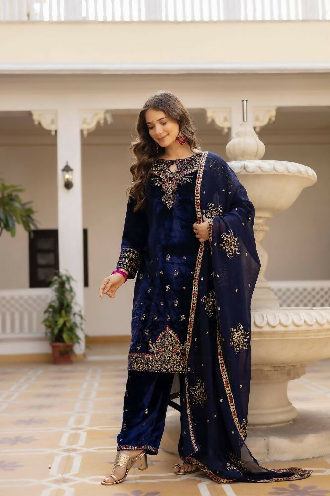 Teeya Creation Blue Color Pure Velvet Embroidery Work Wedding Wear Salwar Suit | Grocsy