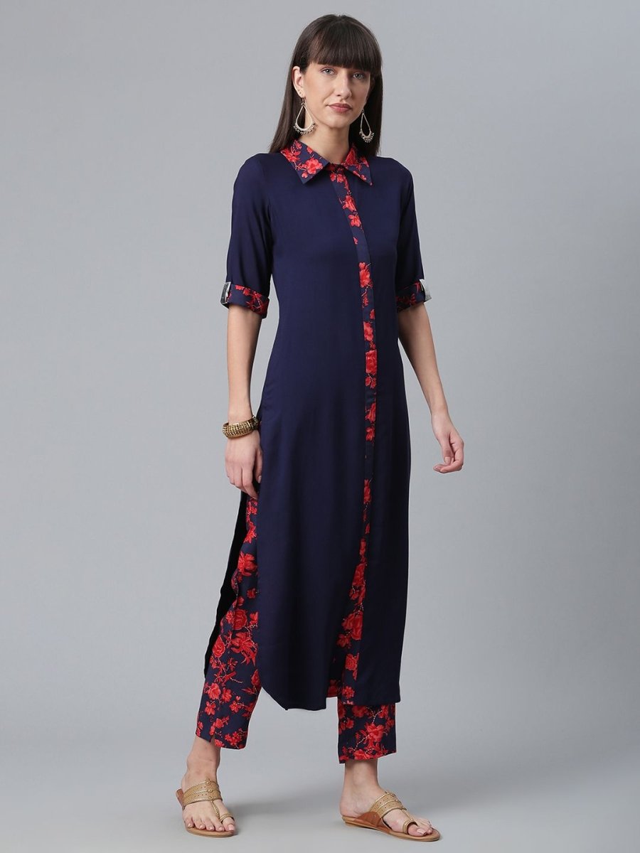 Ahalyaa Navy Blue Solid Rayon Kurta Pant Set | Grocsy