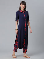 Ahalyaa Navy Blue Solid Rayon Kurta Pant Set | Grocsy