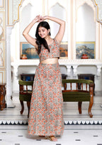 Miravan Women's Brown Floral Printed Crop Top And Skirt Co-Ord Set | Grocsy