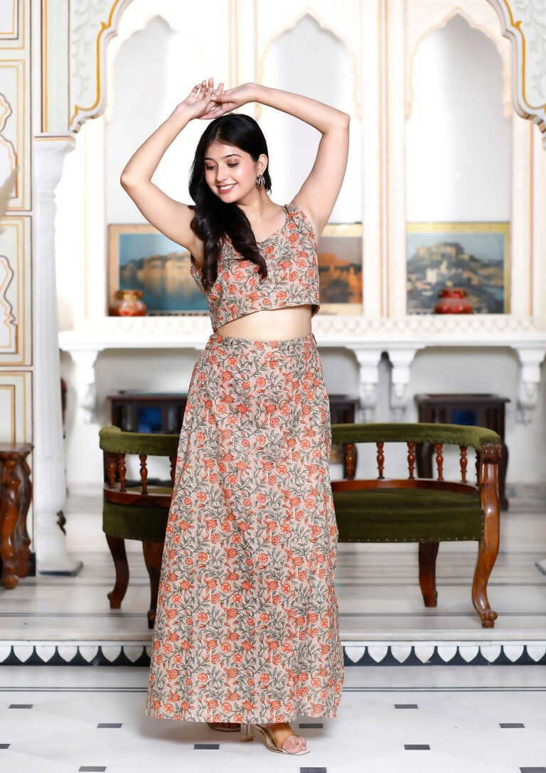 Miravan Women's Brown Floral Printed Crop Top And Skirt Co-Ord Set | Grocsy