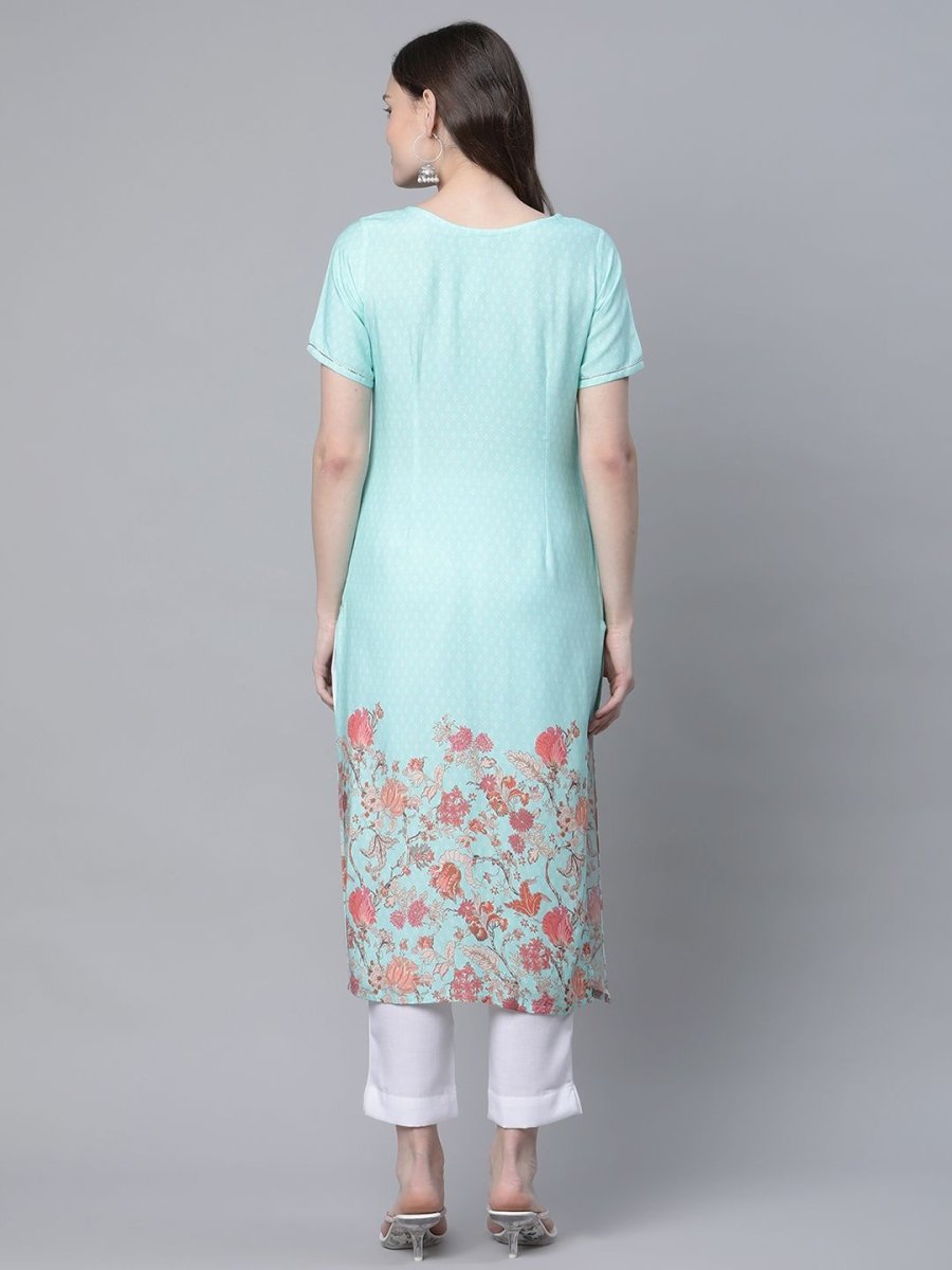 Ahalyaa Women Sky Blue Rayon Printed Kurta Pant Set | Grocsy
