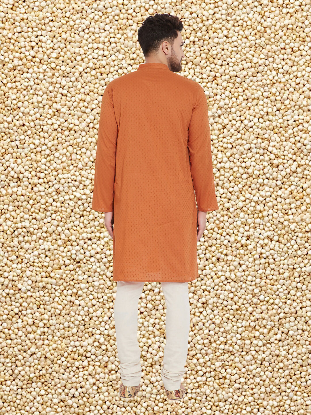 Even Apparels Men's Orange Emboided Cotton Kurta | Grocsy